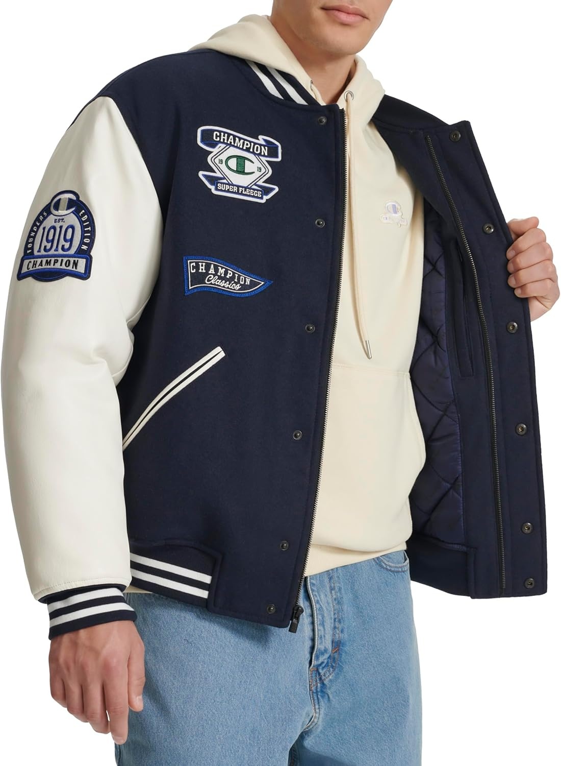 image:imageChampion Mens Letterman Varsity Bomber Jacket With PatchesNavyWhite