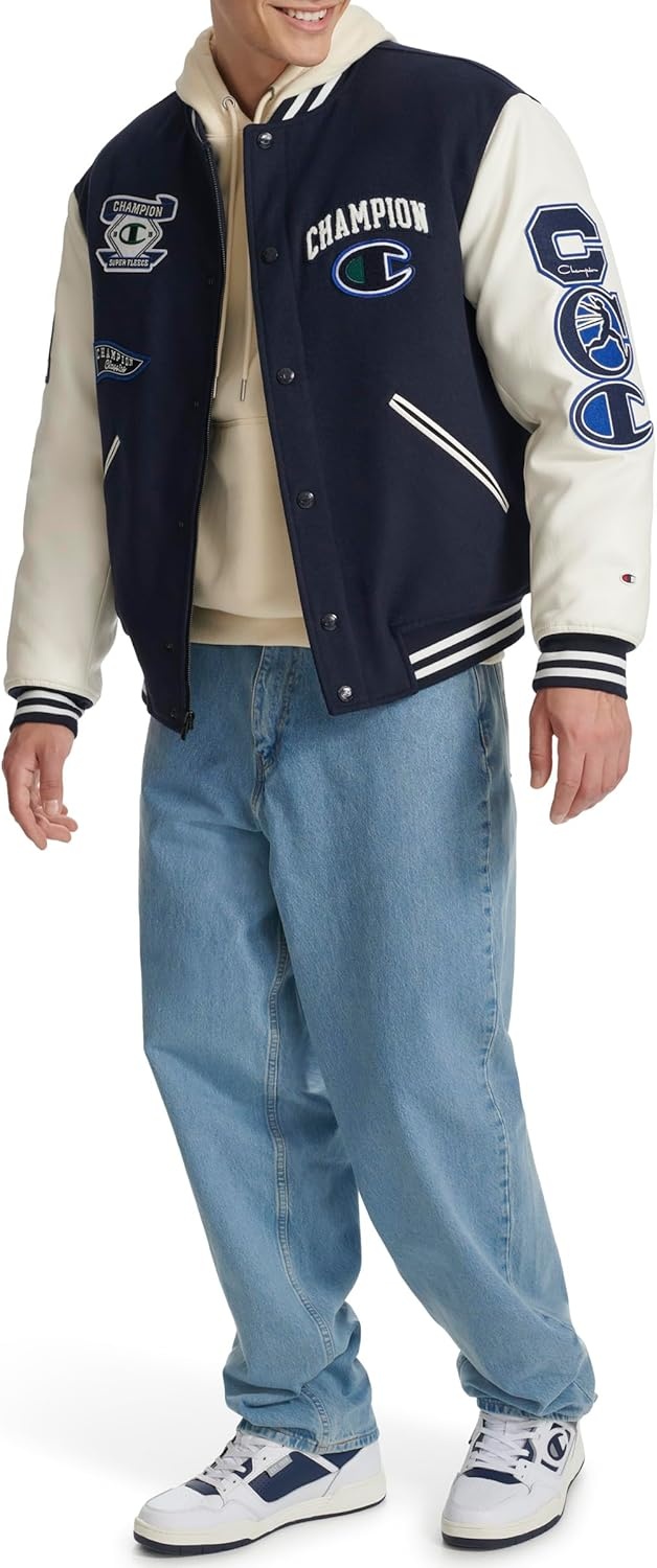 image:imageChampion Mens Letterman Varsity Bomber Jacket With PatchesNavyWhite