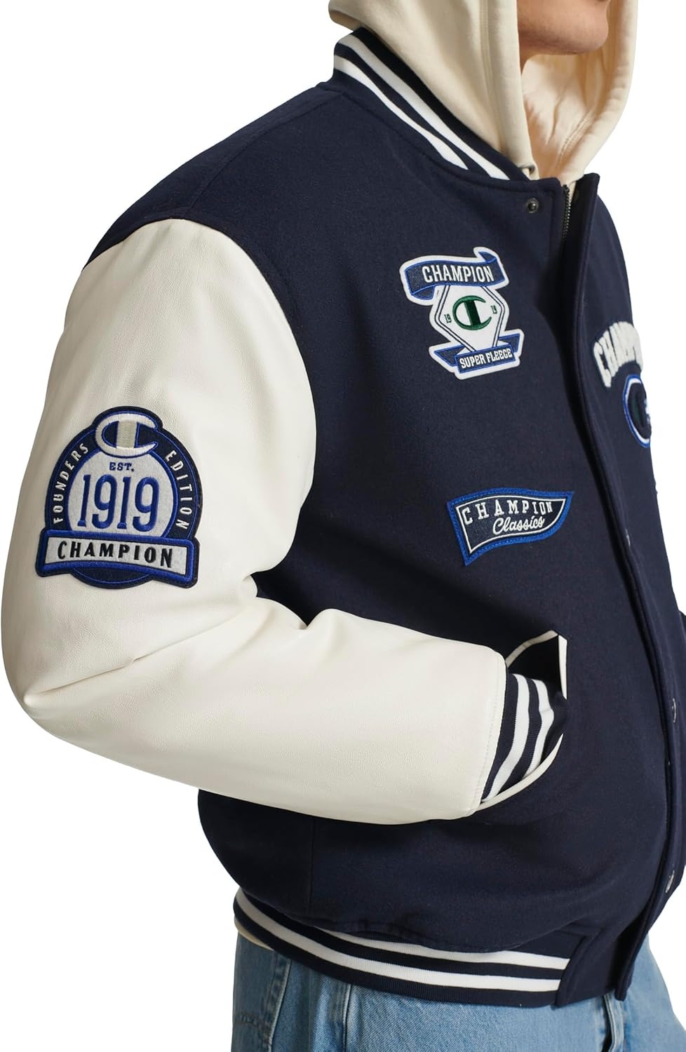 image:imageChampion Mens Letterman Varsity Bomber Jacket With PatchesNavyWhite