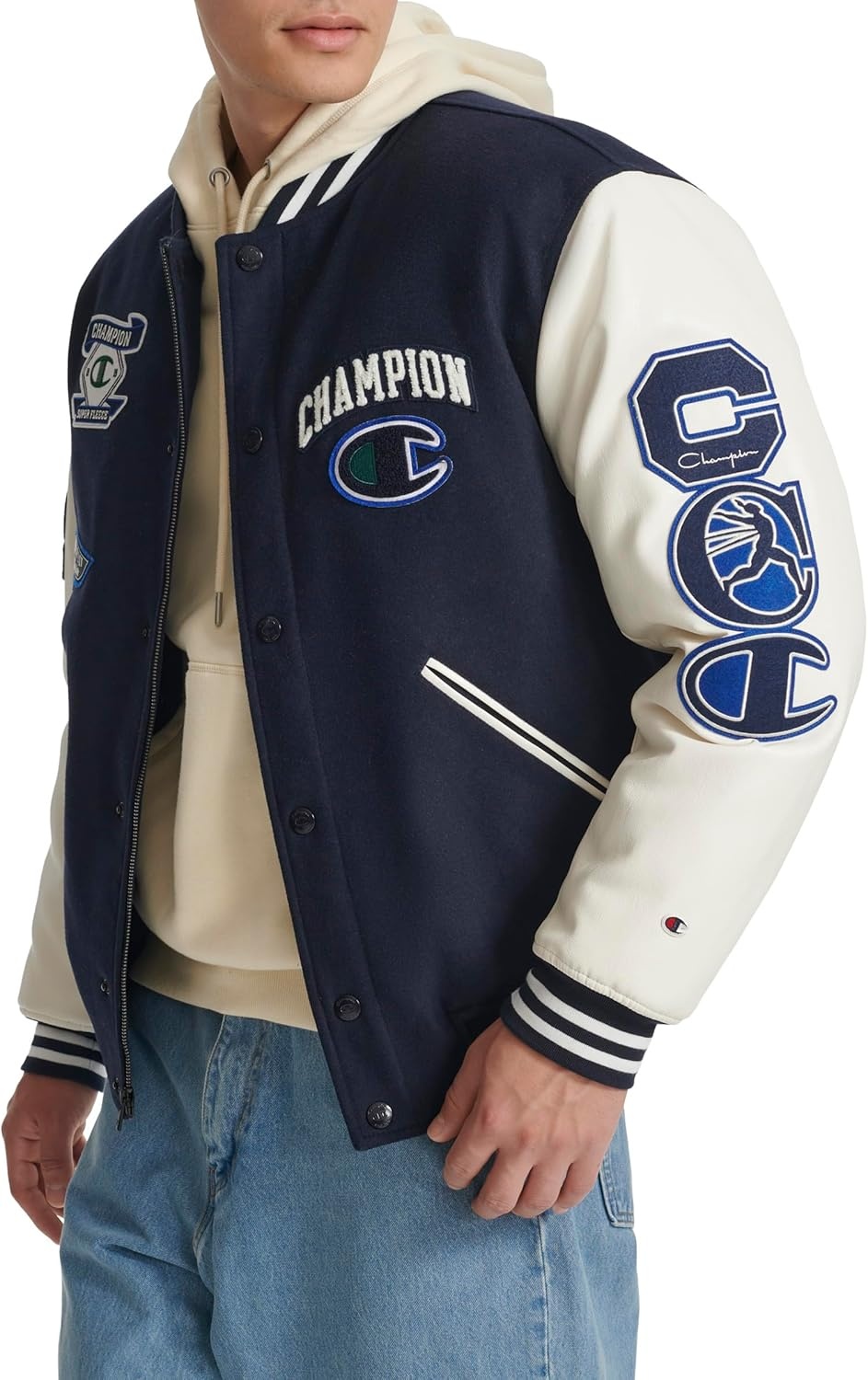 image:imageChampion Mens Letterman Varsity Bomber Jacket With PatchesNavyWhite