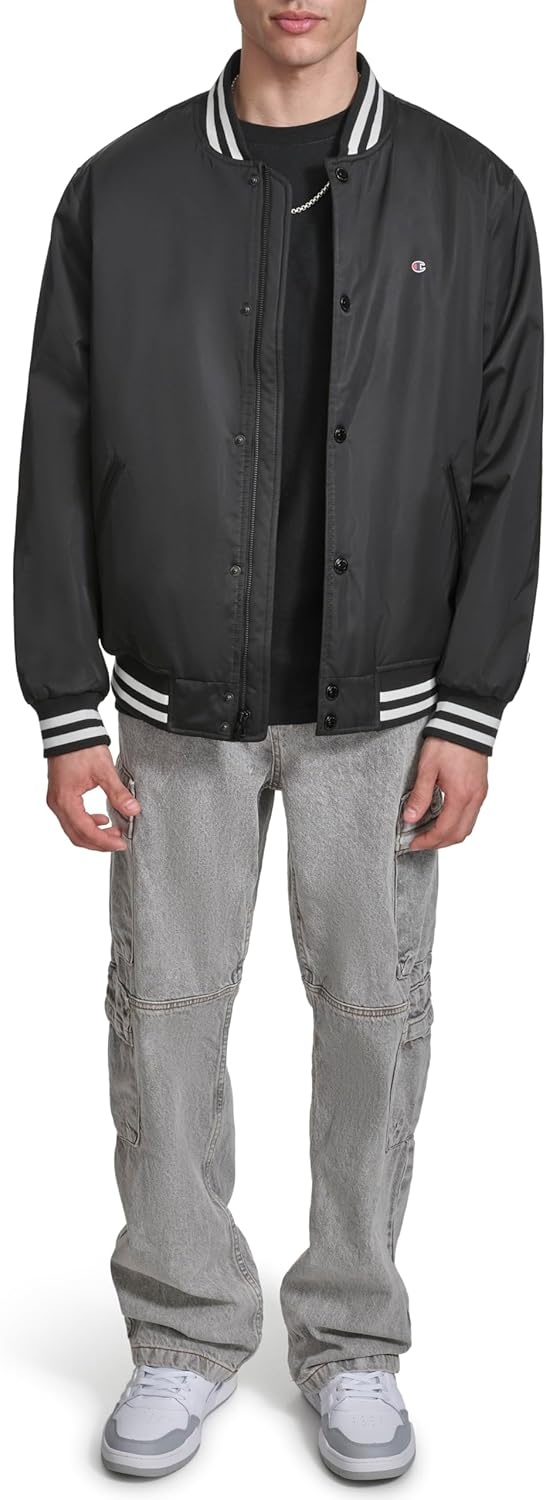 image:imageChampion Mens Logo Stripedtrim Varsity JacketBlack