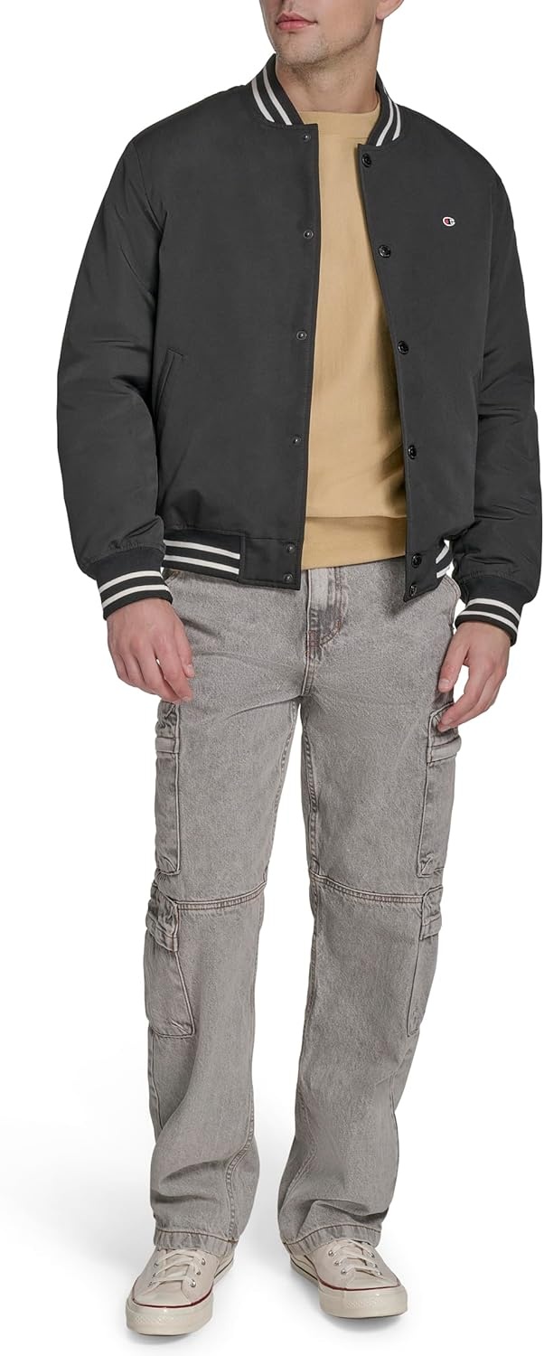 image:imageChampion Mens Logo Stripedtrim Varsity JacketBlack Matte Filled