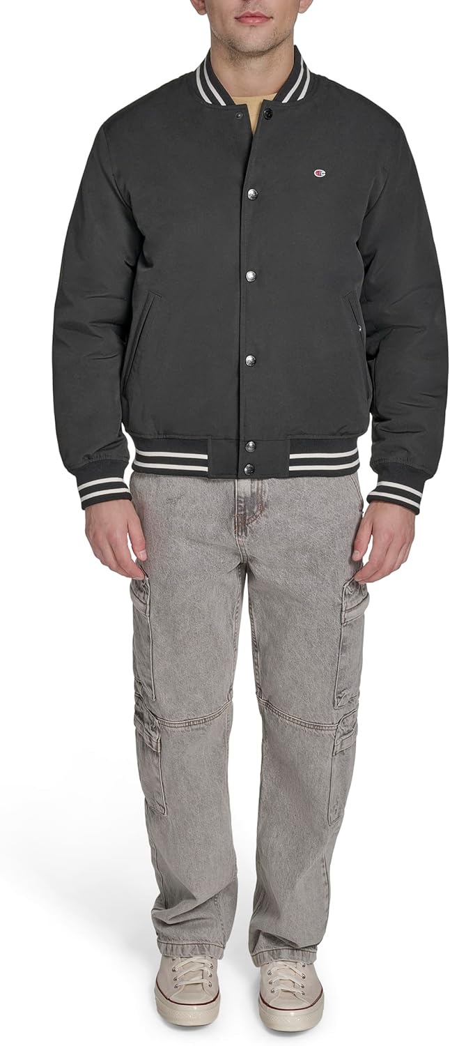 image:imageChampion Mens Logo Stripedtrim Varsity JacketBlack Matte Filled