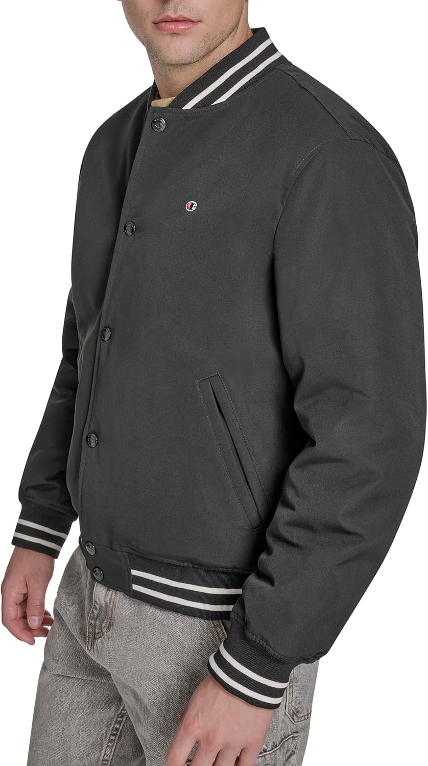 image:imageChampion Mens Logo Stripedtrim Varsity JacketBlack Matte Filled