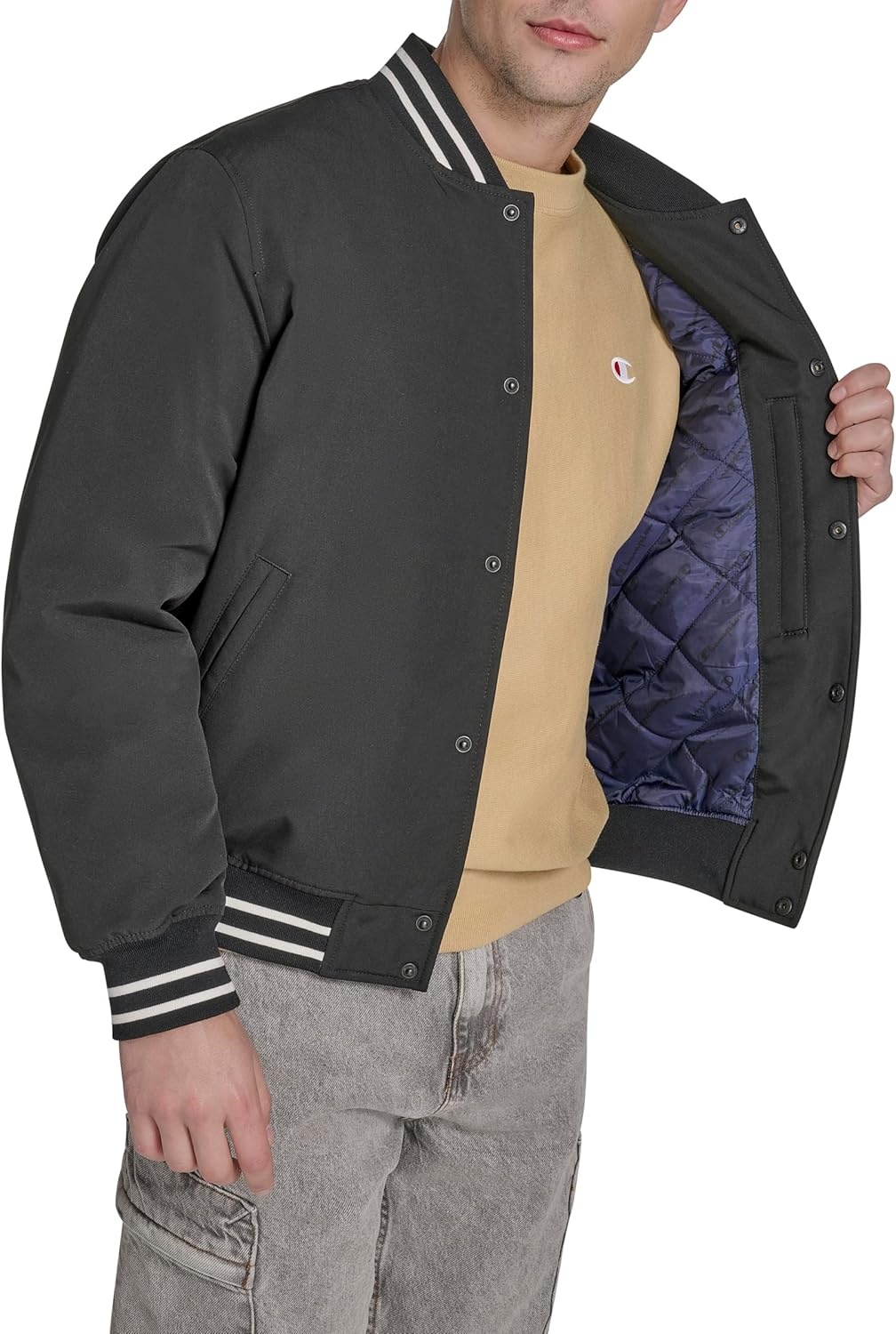 image:imageChampion Mens Logo Stripedtrim Varsity JacketBlack Matte Filled