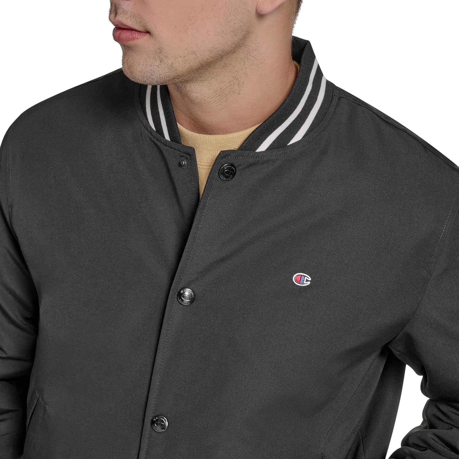 image:imageChampion Mens Logo Stripedtrim Varsity JacketBlack Matte Filled