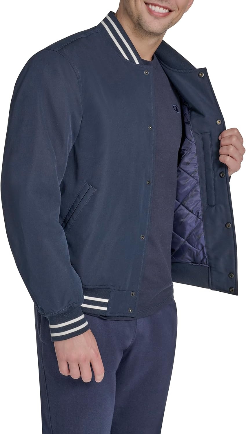 image:imageChampion Mens Logo Stripedtrim Varsity JacketPeacoat Matte Filled