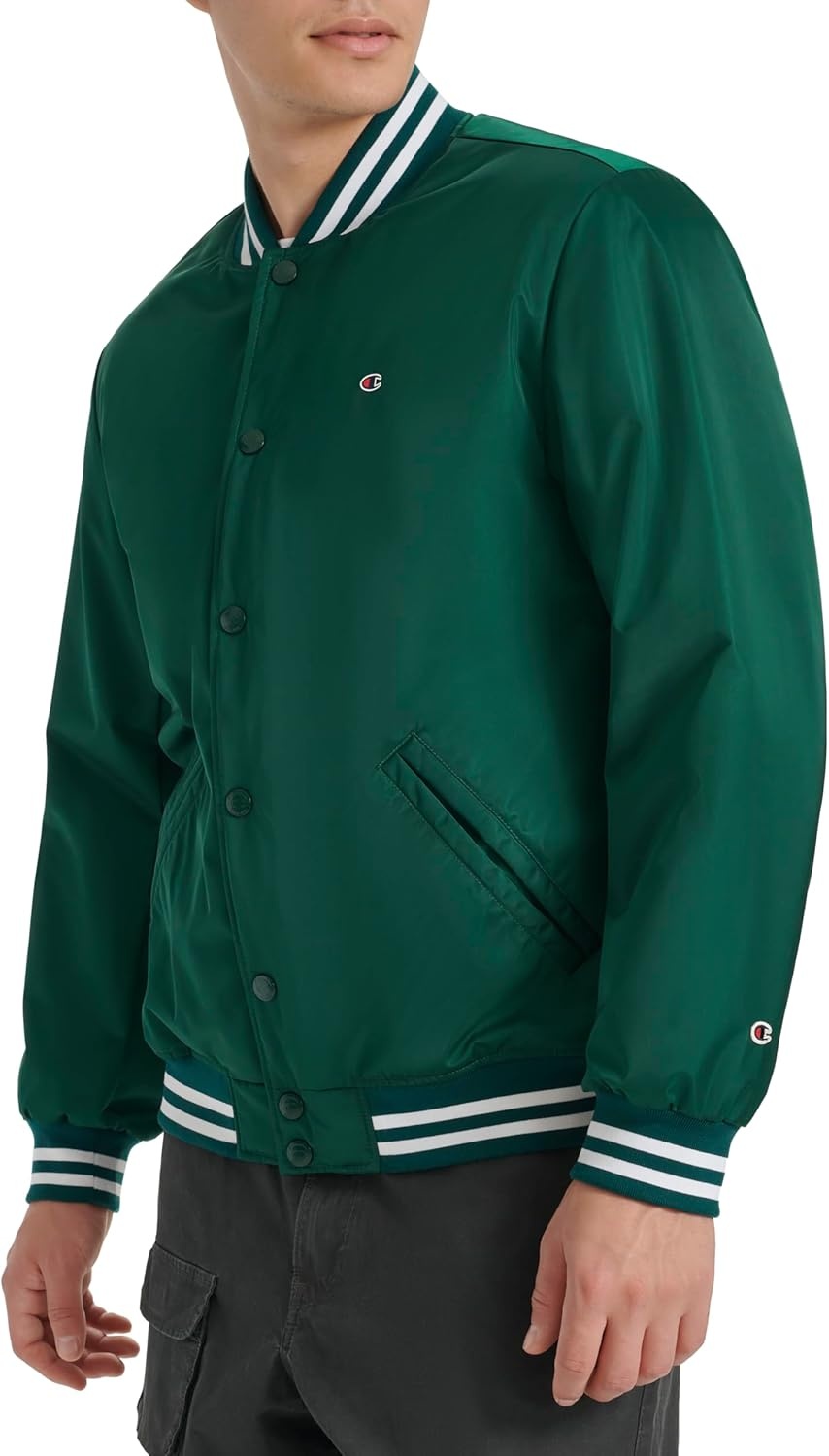 image:imageChampion Mens Logo Stripedtrim Varsity JacketRain Forest