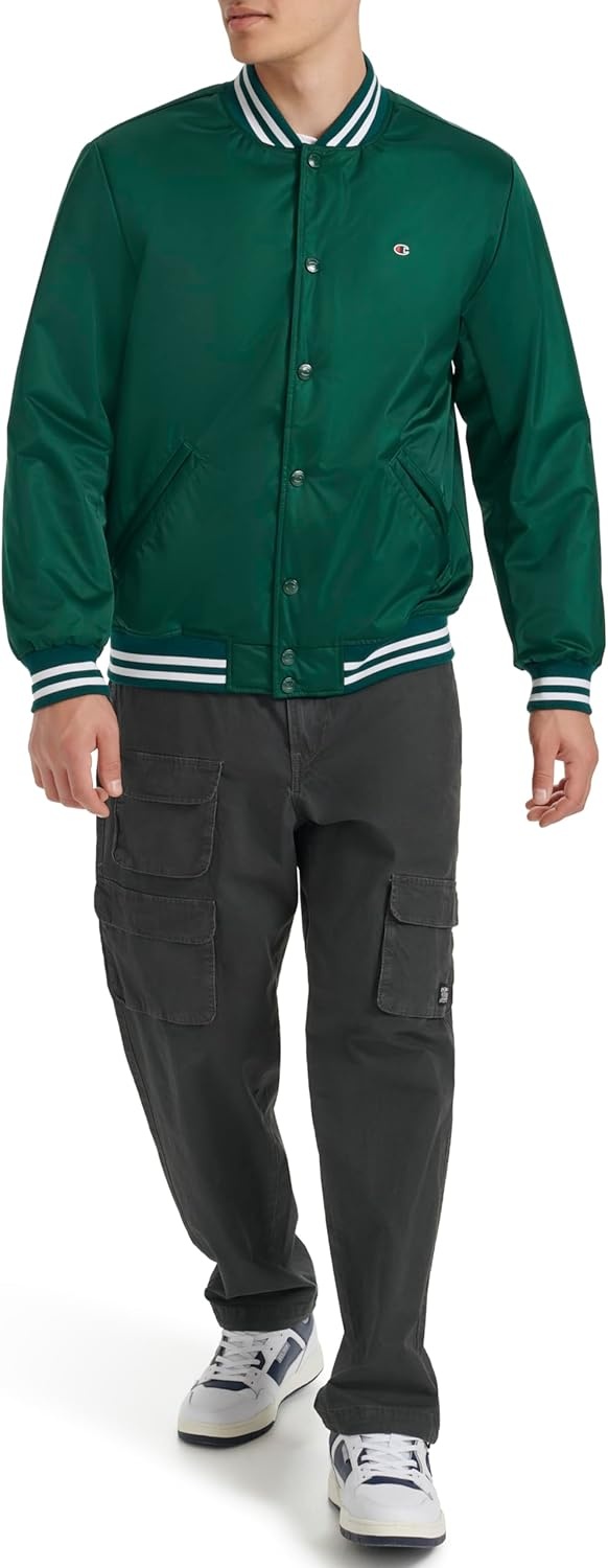 image:imageChampion Mens Logo Stripedtrim Varsity JacketRain Forest