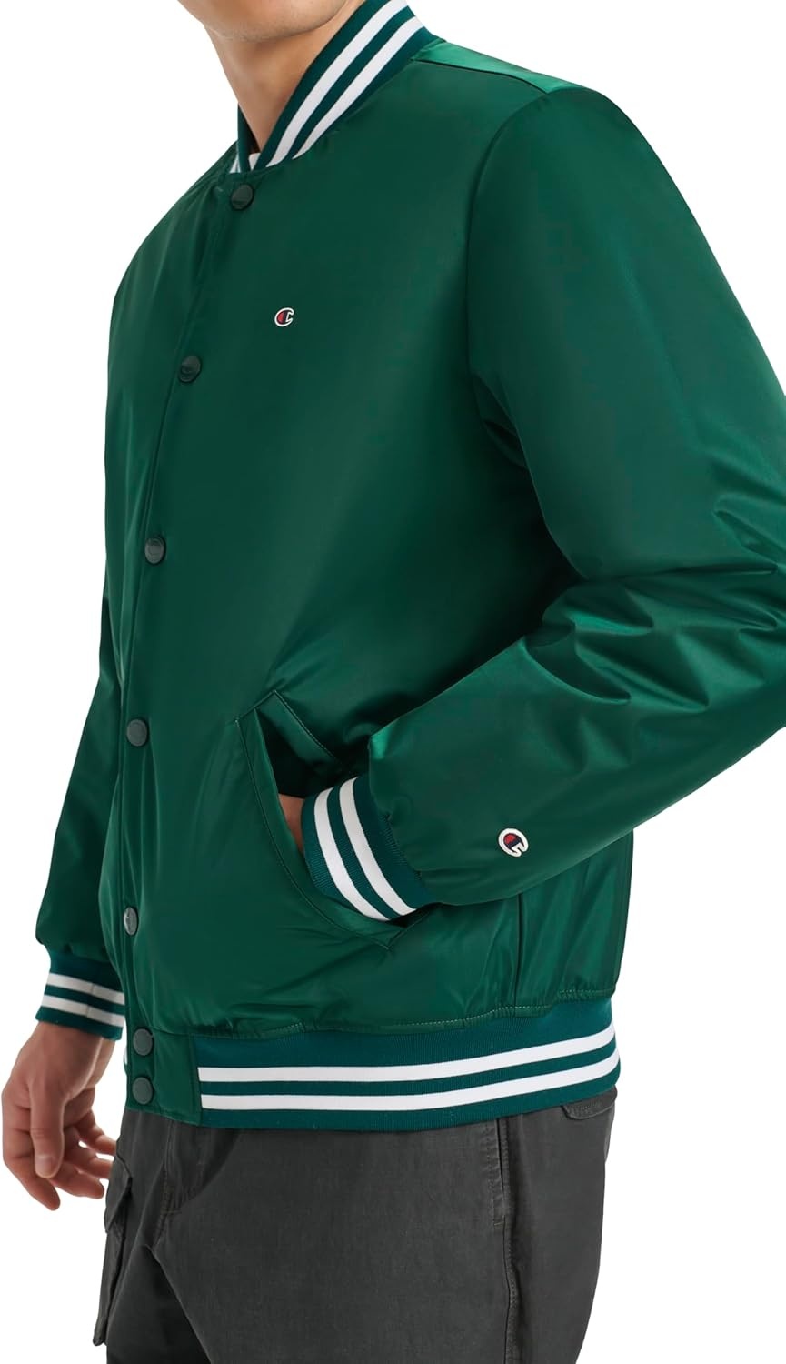image:imageChampion Mens Logo Stripedtrim Varsity JacketRain Forest