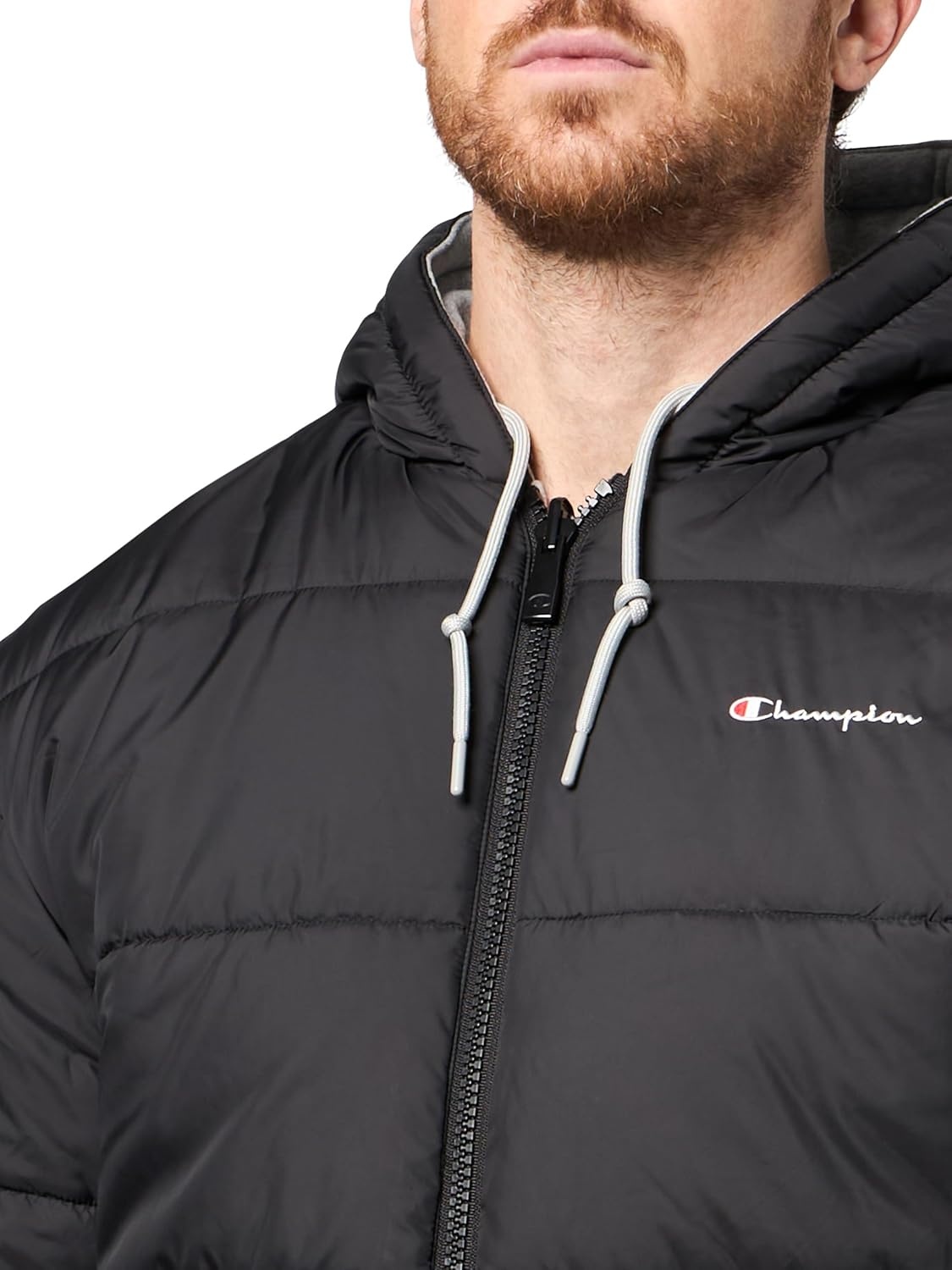 image:imageChampion Mens Reversible Puffer Jacket with Drawstring HoodBlackHeather Grey