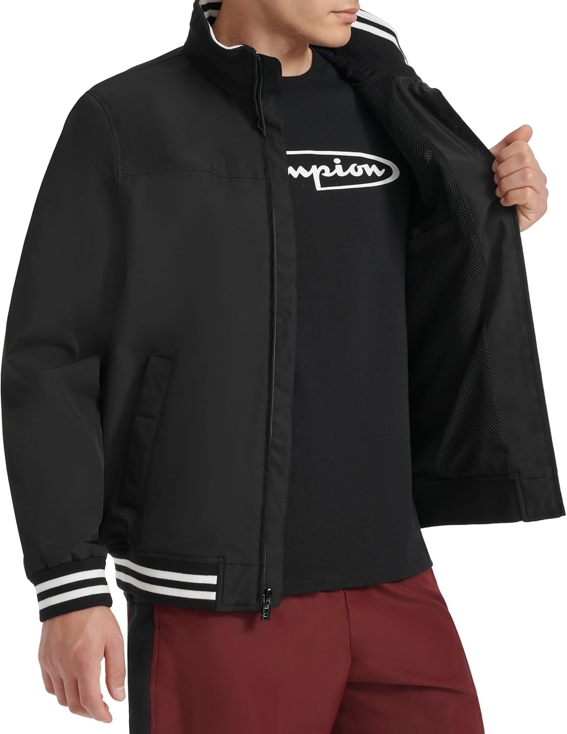 image:imageChampion Mens Water Resistant Varsity Bomber Jacket With Flex Stand CollarBlack