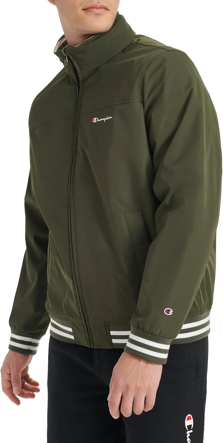 image:imageChampion Mens Water Resistant Varsity Bomber Jacket With Flex Stand CollarForest Night