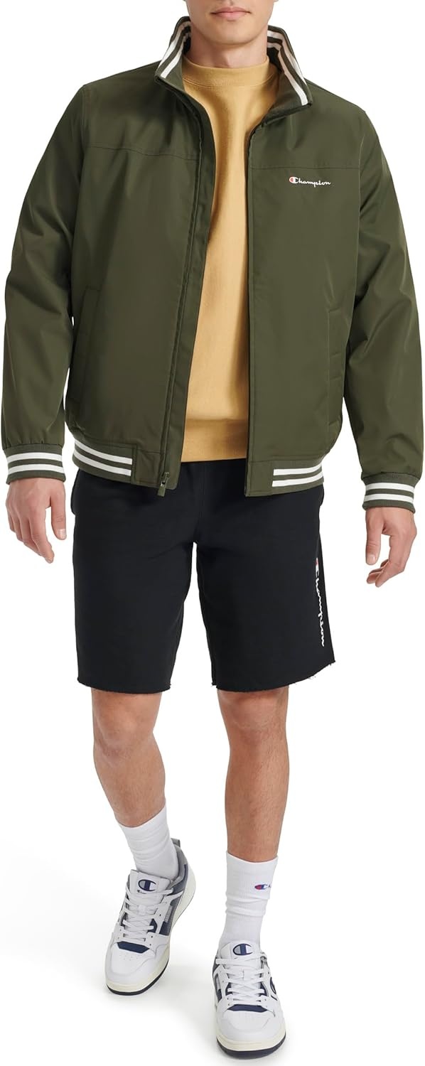 image:imageChampion Mens Water Resistant Varsity Bomber Jacket With Flex Stand CollarForest Night