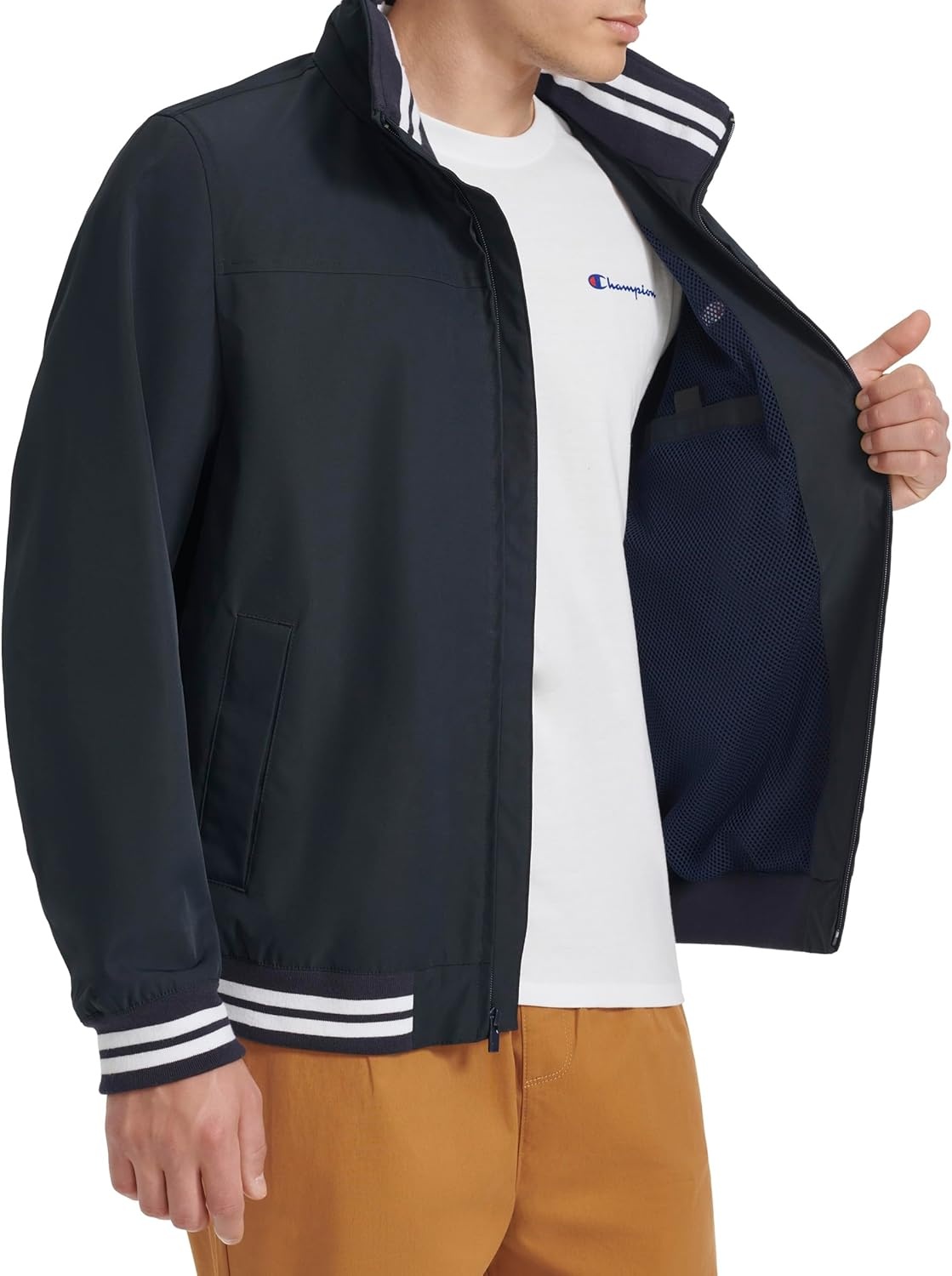 image:imageChampion Mens Water Resistant Varsity Bomber Jacket With Flex Stand CollarPeacoat