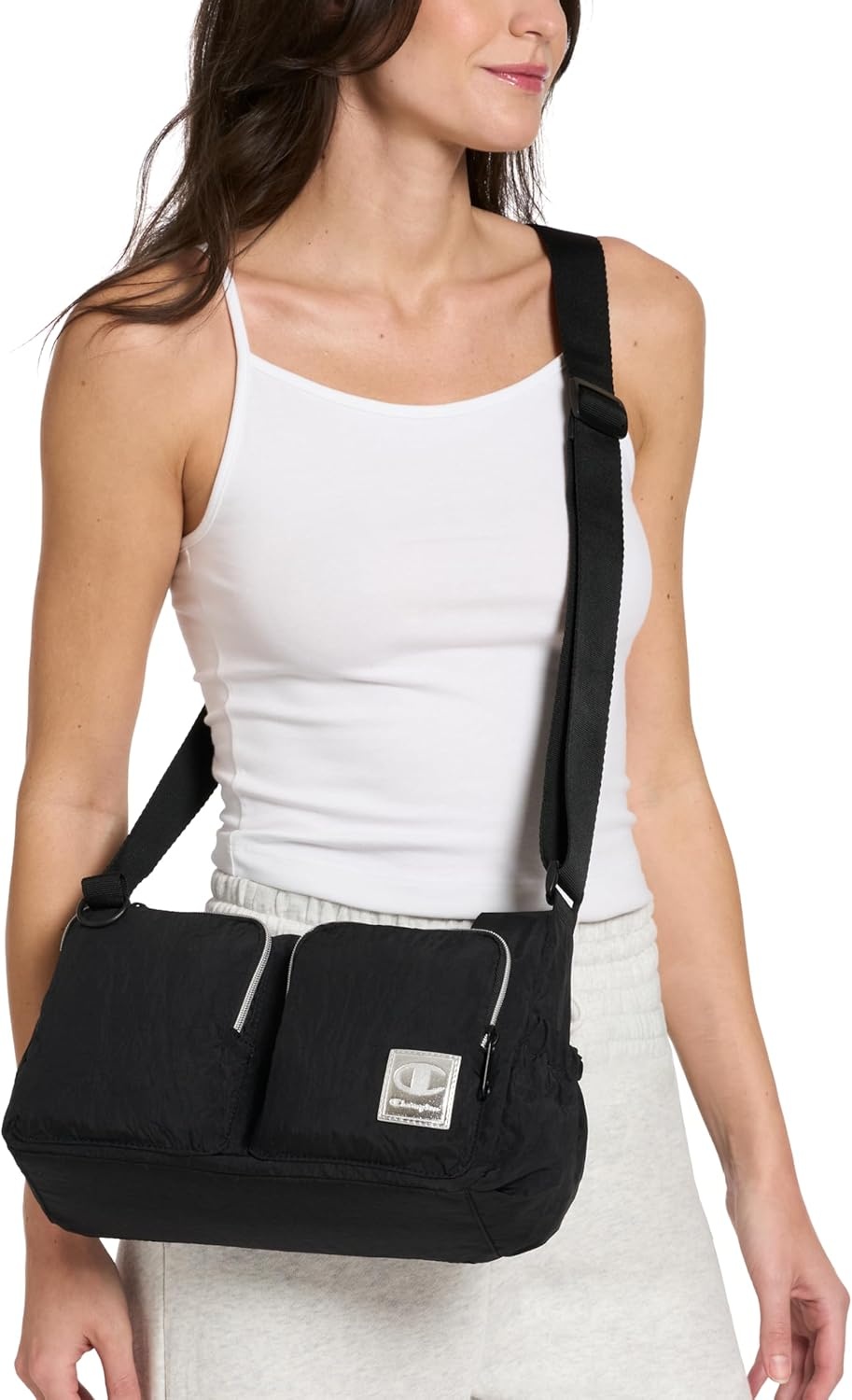 image:imageChampion Quartz Small Messenger Bag in Crinkle Nylon with Adjustable Strap Water Bottle Pocket for Work Travel CommuteBlack