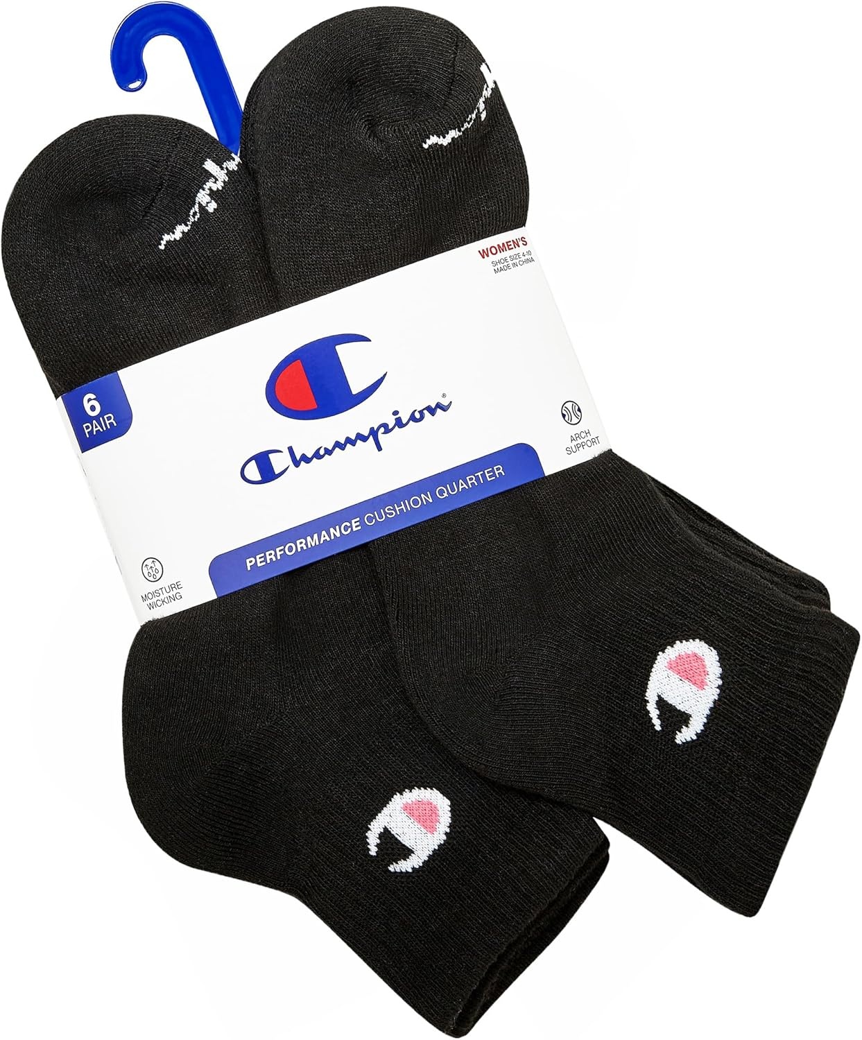 image:imageChampion Womens Quarter Socks 6pack Cushioned Athletic Socks With Moisturewicking Arch Support Size 59Black Toe Logo