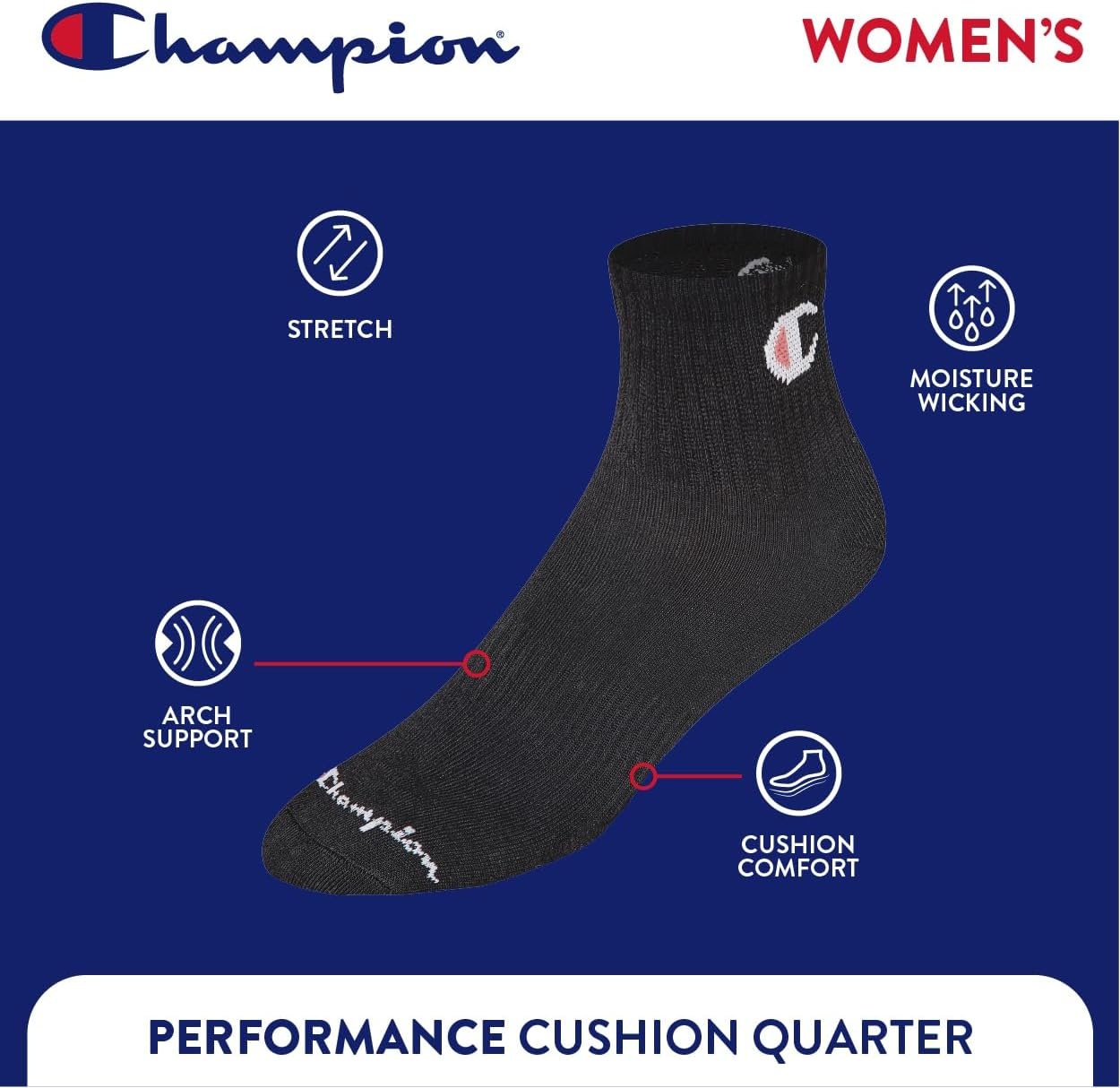 image:imageChampion Womens Quarter Socks 6pack Cushioned Athletic Socks With Moisturewicking Arch Support Size 59Black Toe Logo