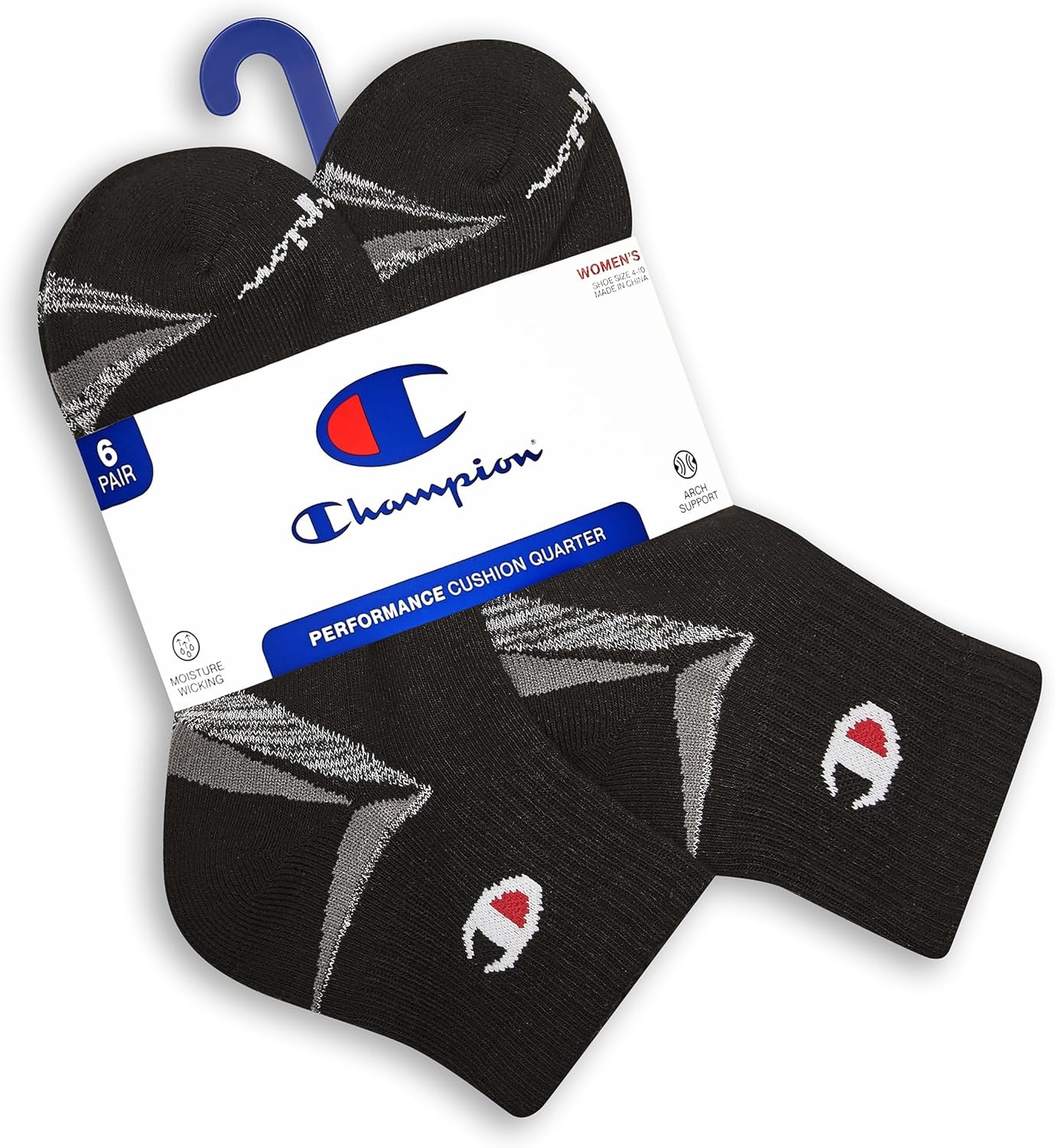 image:imageChampion Womens Quarter Socks 6pack Cushioned Athletic Socks With Moisturewicking Arch Support Size 59Black Stripe
