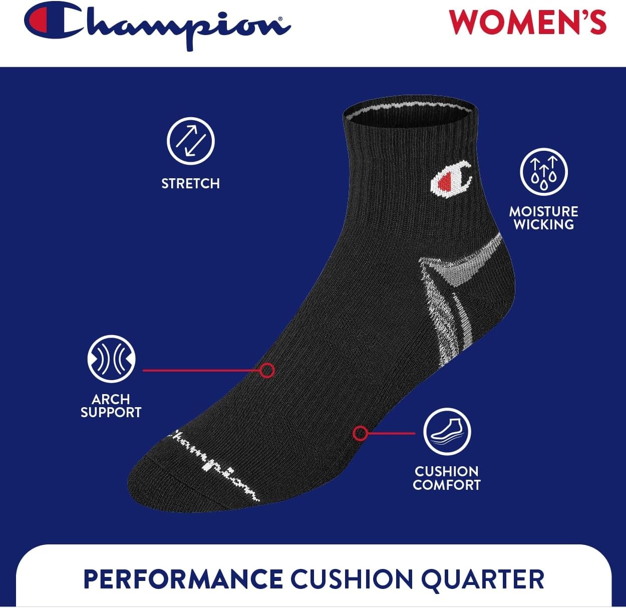 image:imageChampion Womens Quarter Socks 6pack Cushioned Athletic Socks With Moisturewicking Arch Support Size 59Black Stripe