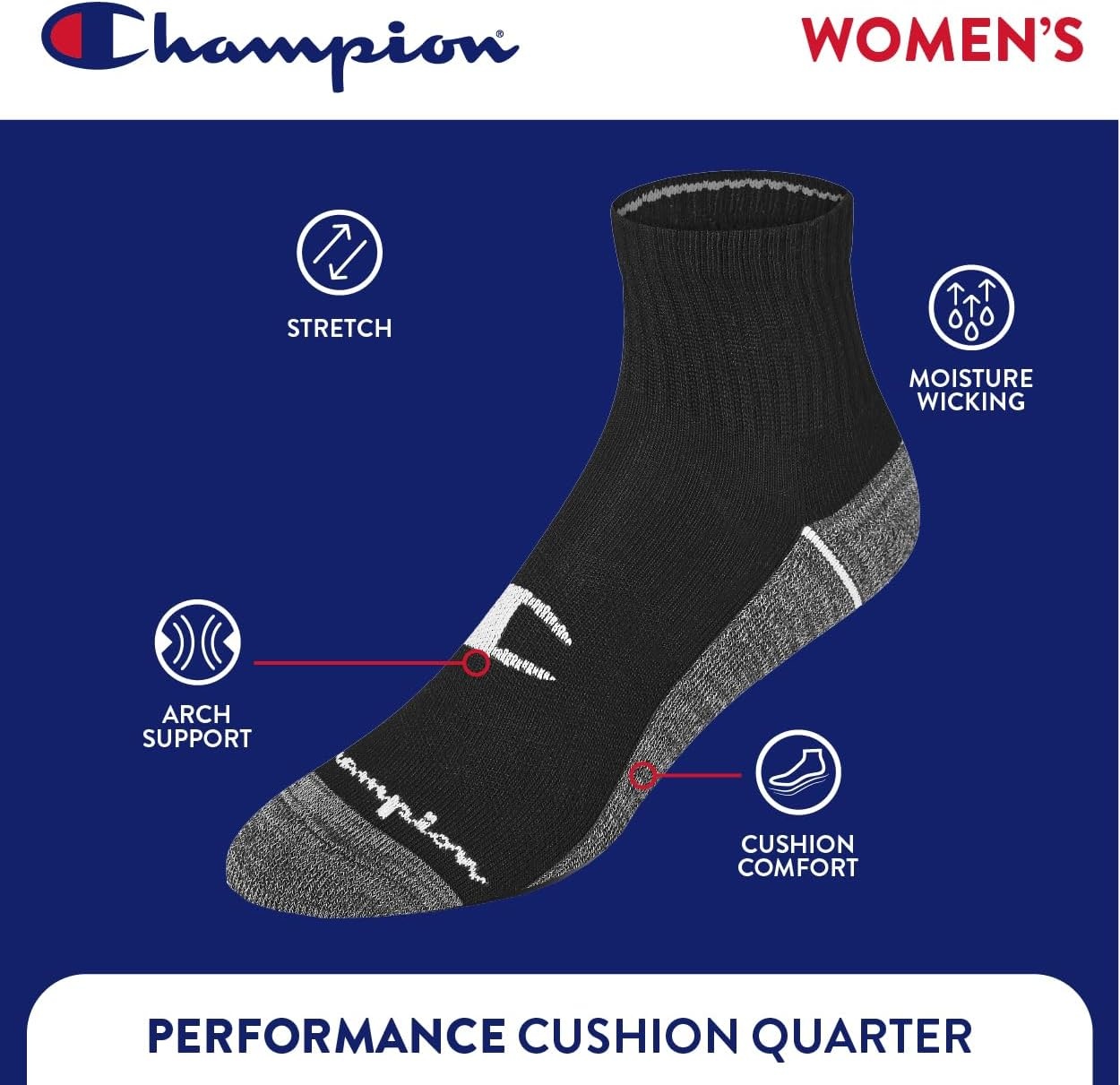 image:imageChampion Womens Quarter Socks 6pack Cushioned Athletic Socks With Moisturewicking Arch Support Size 59BlackGrey Logo