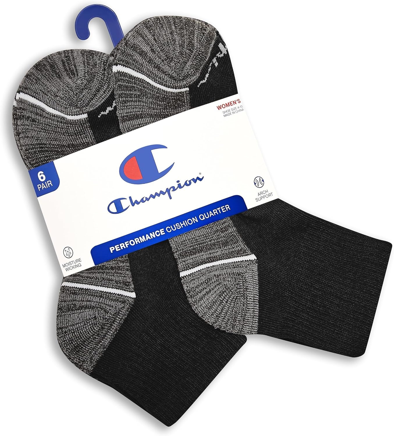image:imageChampion Womens Quarter Socks 6pack Cushioned Athletic Socks With Moisturewicking Arch Support Size 59BlackGrey Logo