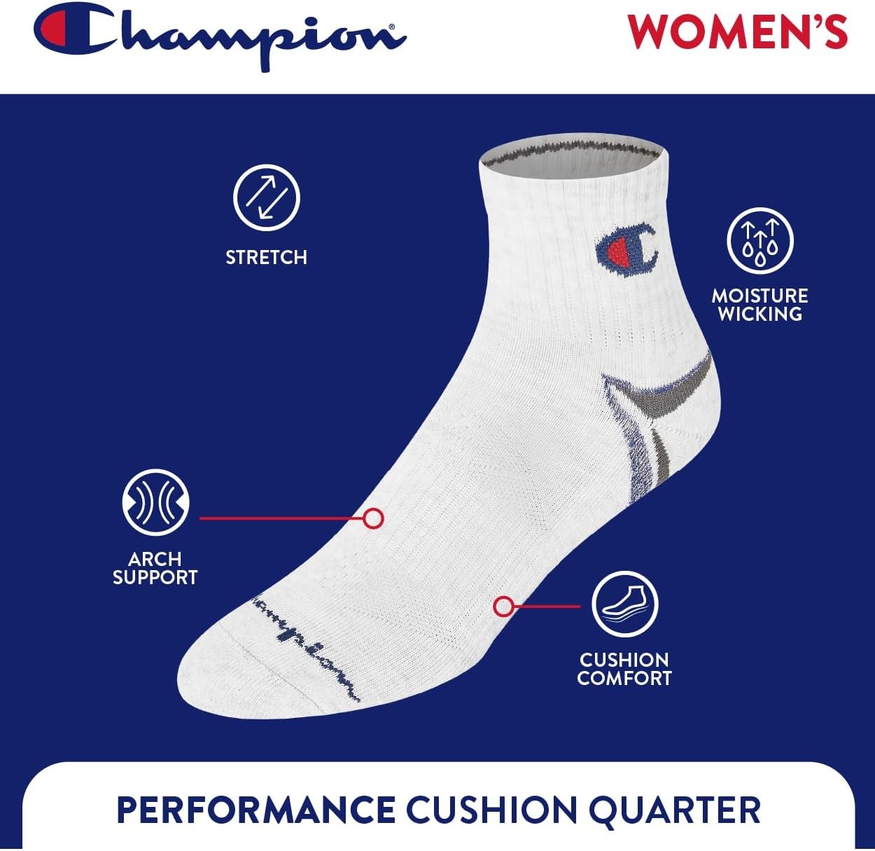 image:imageChampion Womens Quarter Socks 6pack Cushioned Athletic Socks With Moisturewicking Arch Support Size 59Bright Assorted Stripe