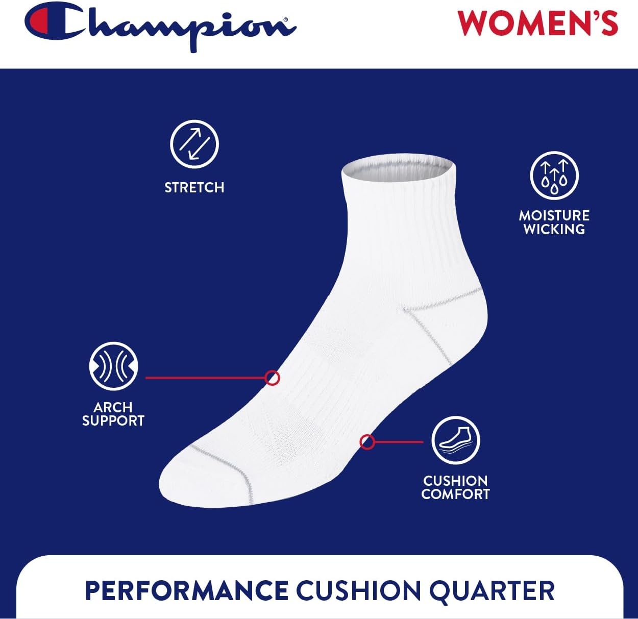 image:imageChampion Womens Quarter Socks 6pack Cushioned Athletic Socks With Moisturewicking Arch Support Size 59Bright White