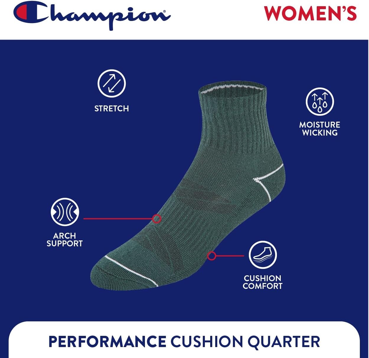 image:imageChampion Womens Quarter Socks 6pack Cushioned Athletic Socks With Moisturewicking Arch Support Size 59Green Assorted