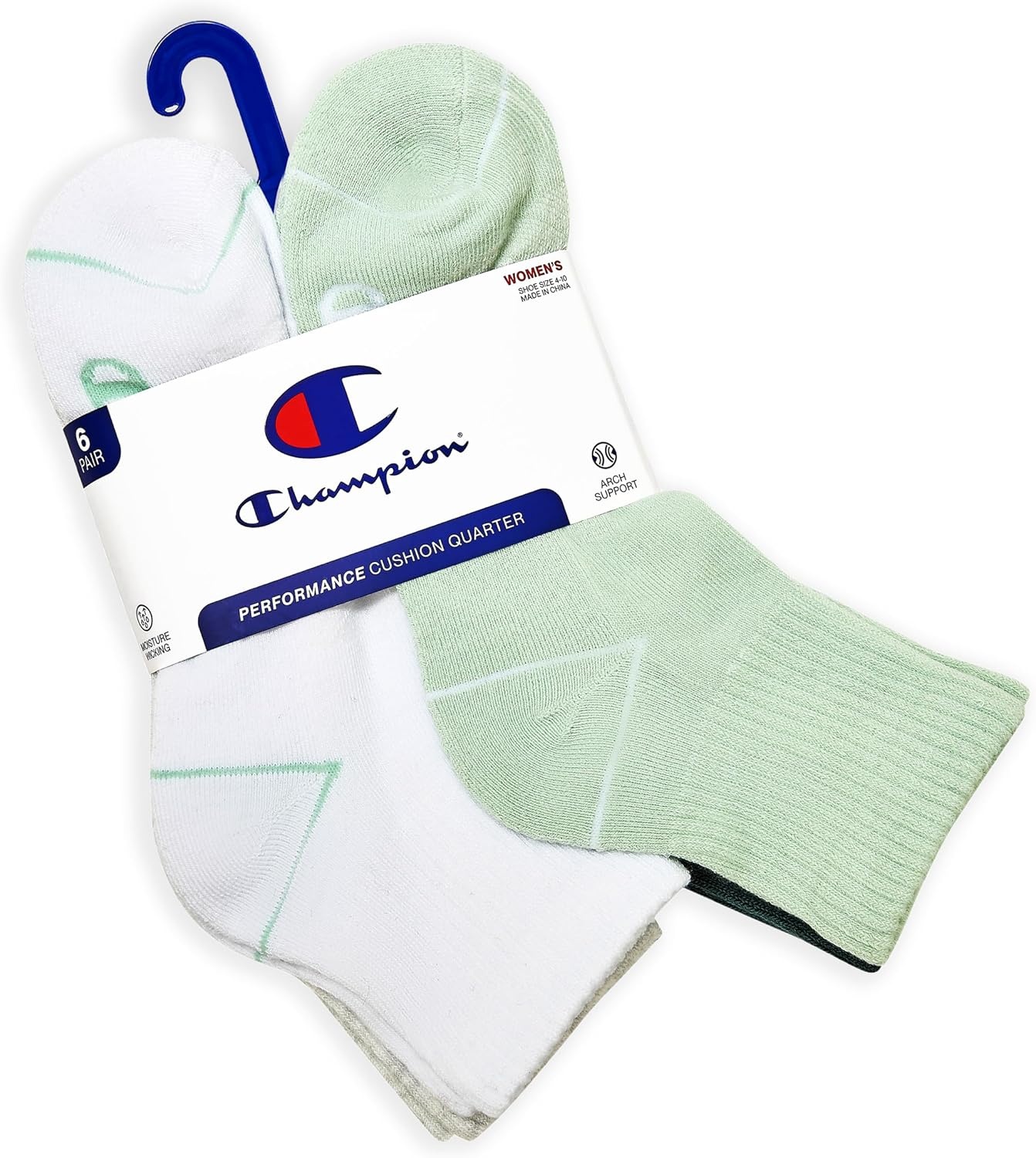 image:imageChampion Womens Quarter Socks 6pack Cushioned Athletic Socks With Moisturewicking Arch Support Size 59Green Assorted