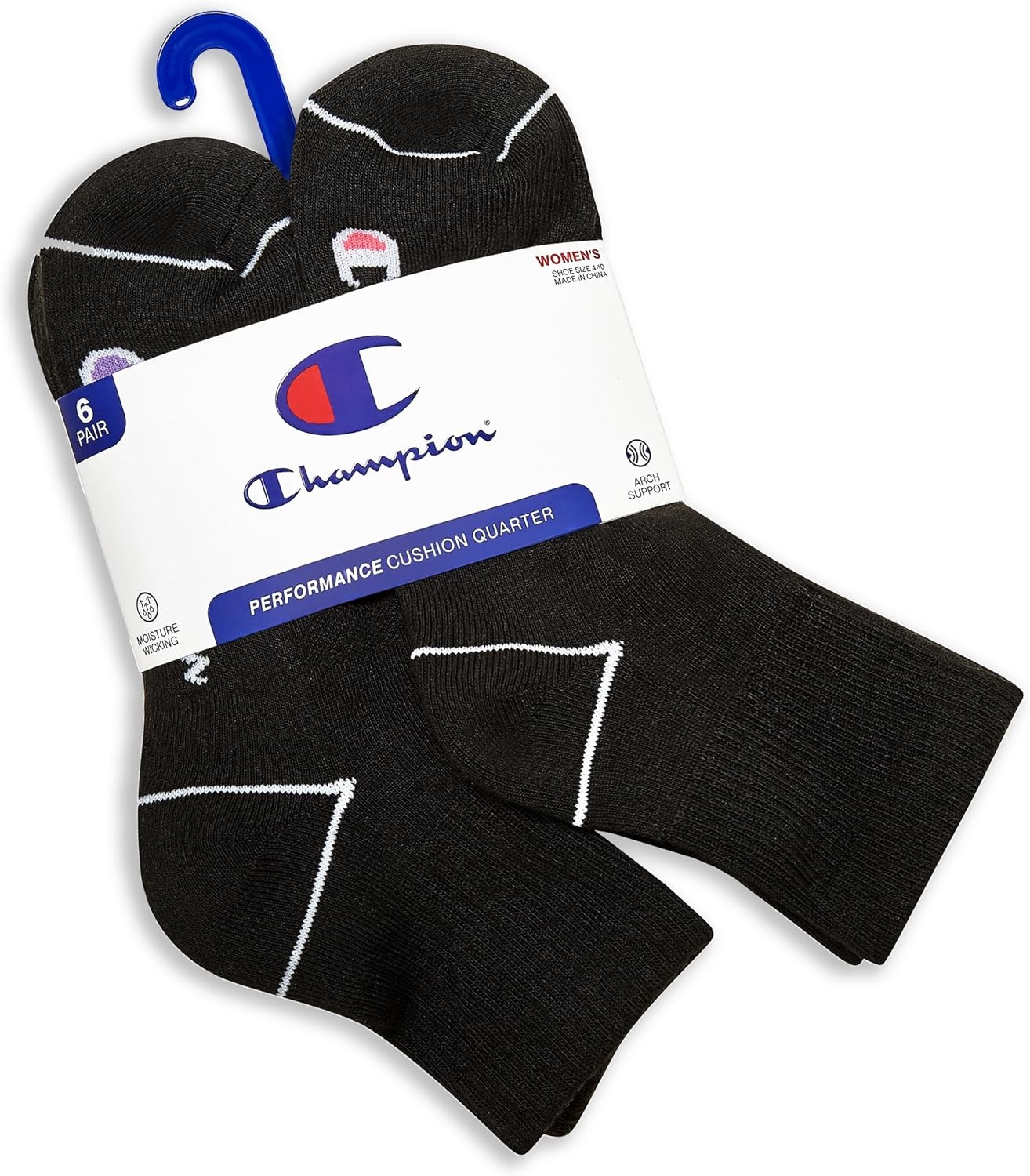 image:imageChampion Womens Quarter Socks 6pack Cushioned Athletic Socks With Moisturewicking Arch Support Size 59Midnight Black