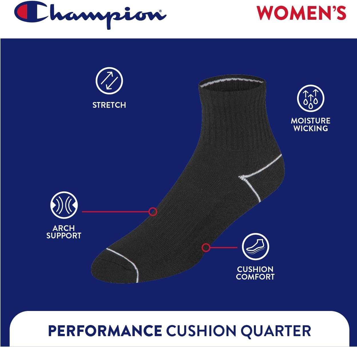 image:imageChampion Womens Quarter Socks 6pack Cushioned Athletic Socks With Moisturewicking Arch Support Size 59Midnight Black