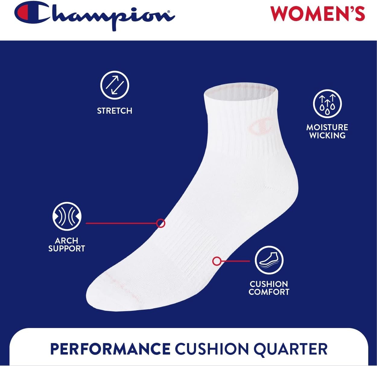 image:imageChampion Womens Quarter Socks 6pack Cushioned Athletic Socks With Moisturewicking Arch Support Size 59Multi White Grey Black
