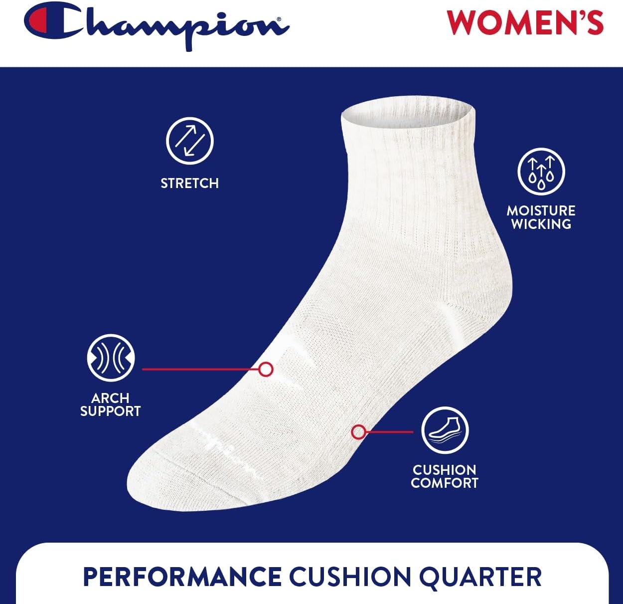 image:imageChampion Womens Quarter Socks 6pack Cushioned Athletic Socks With Moisturewicking Arch Support Size 59Neutral Assorted Logo