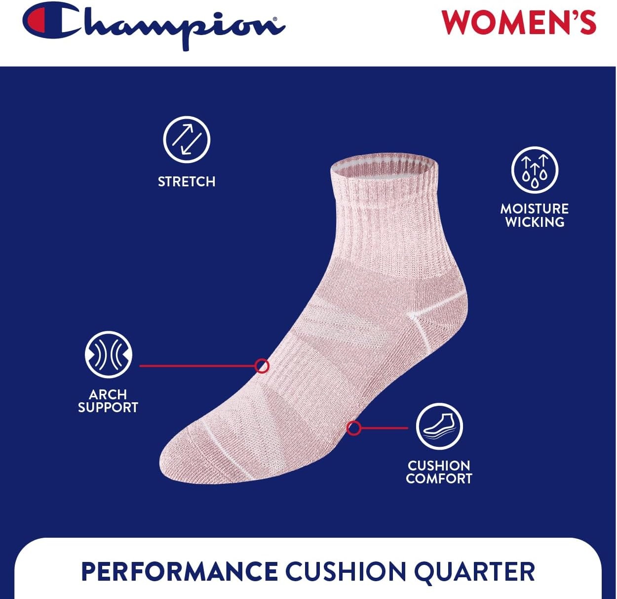 image:imageChampion Womens Quarter Socks 6pack Cushioned Athletic Socks With Moisturewicking Arch Support Size 59Pink Multi