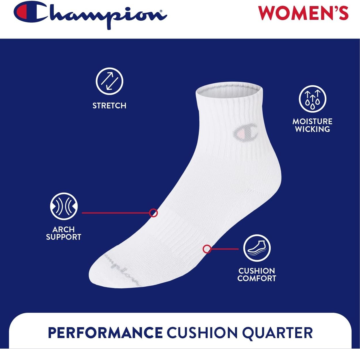 image:imageChampion Womens Quarter Socks 6pack Cushioned Athletic Socks With Moisturewicking Arch Support Size 59White Toe Logo