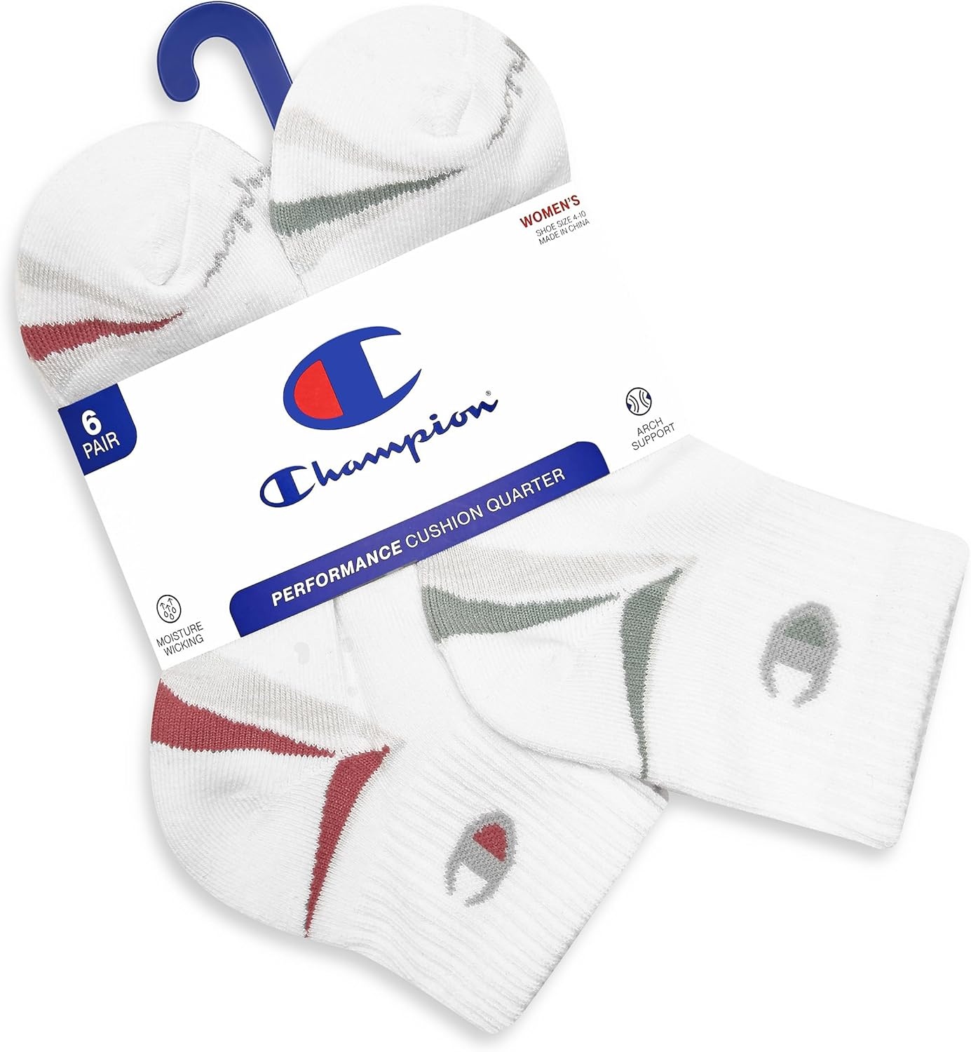 image:imageChampion Womens Quarter Socks 6pack Cushioned Athletic Socks With Moisturewicking Arch Support Size 59White Stripe