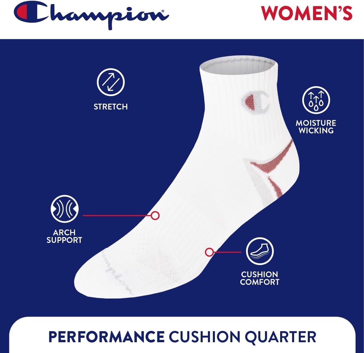image:imageChampion Womens Quarter Socks 6pack Cushioned Athletic Socks With Moisturewicking Arch Support Size 59White Stripe