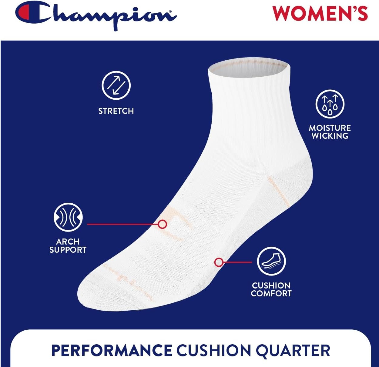 image:imageChampion Womens Quarter Socks 6pack Cushioned Athletic Socks With Moisturewicking Arch Support Size 59WhiteGrey Logo