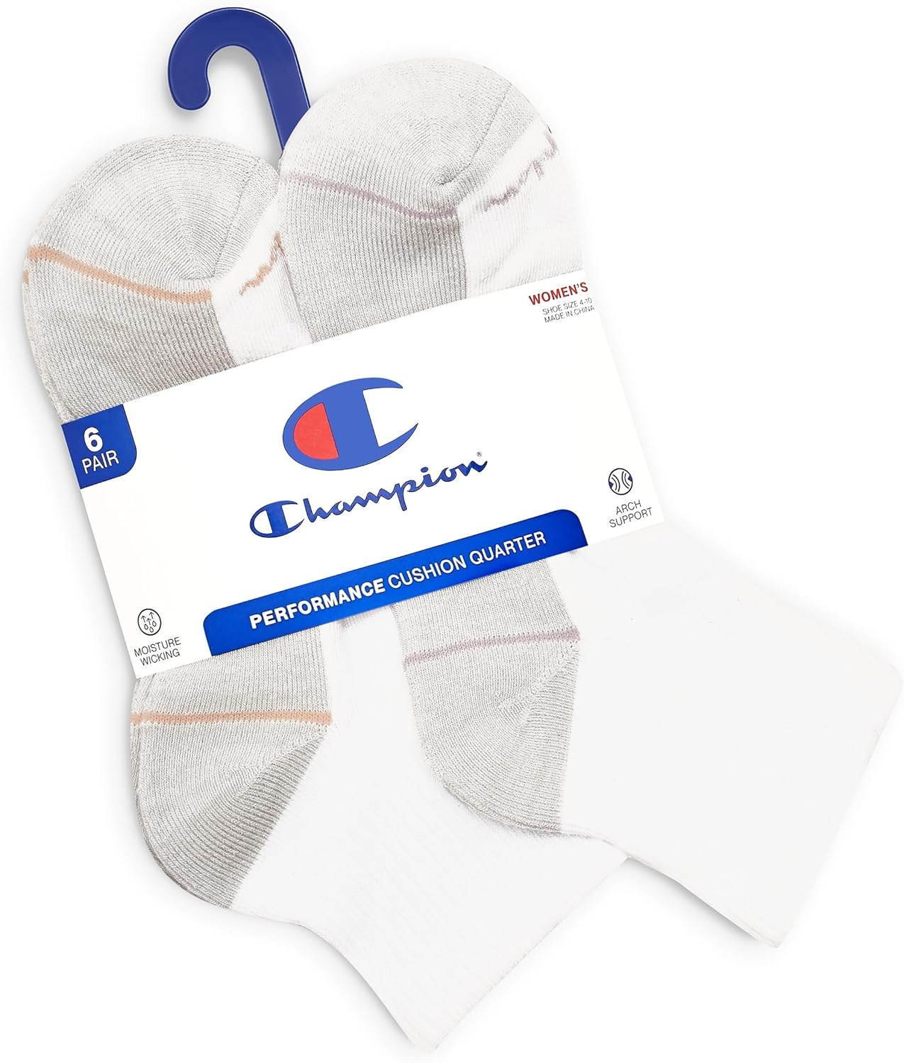 image:imageChampion Womens Quarter Socks 6pack Cushioned Athletic Socks With Moisturewicking Arch Support Size 59WhiteGrey Logo