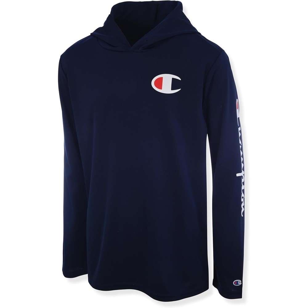 image:imageChampion Boys Long Sleeve Hooded Tee Shirt Lightweight Tech Fabric Athletic TShirt for KidsBlack
