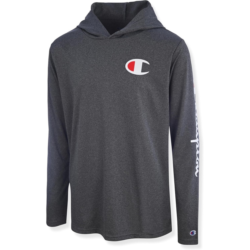 image:imageChampion Boys Long Sleeve Hooded Tee Shirt Lightweight Tech Fabric Athletic TShirt for KidsCharcoal Heather