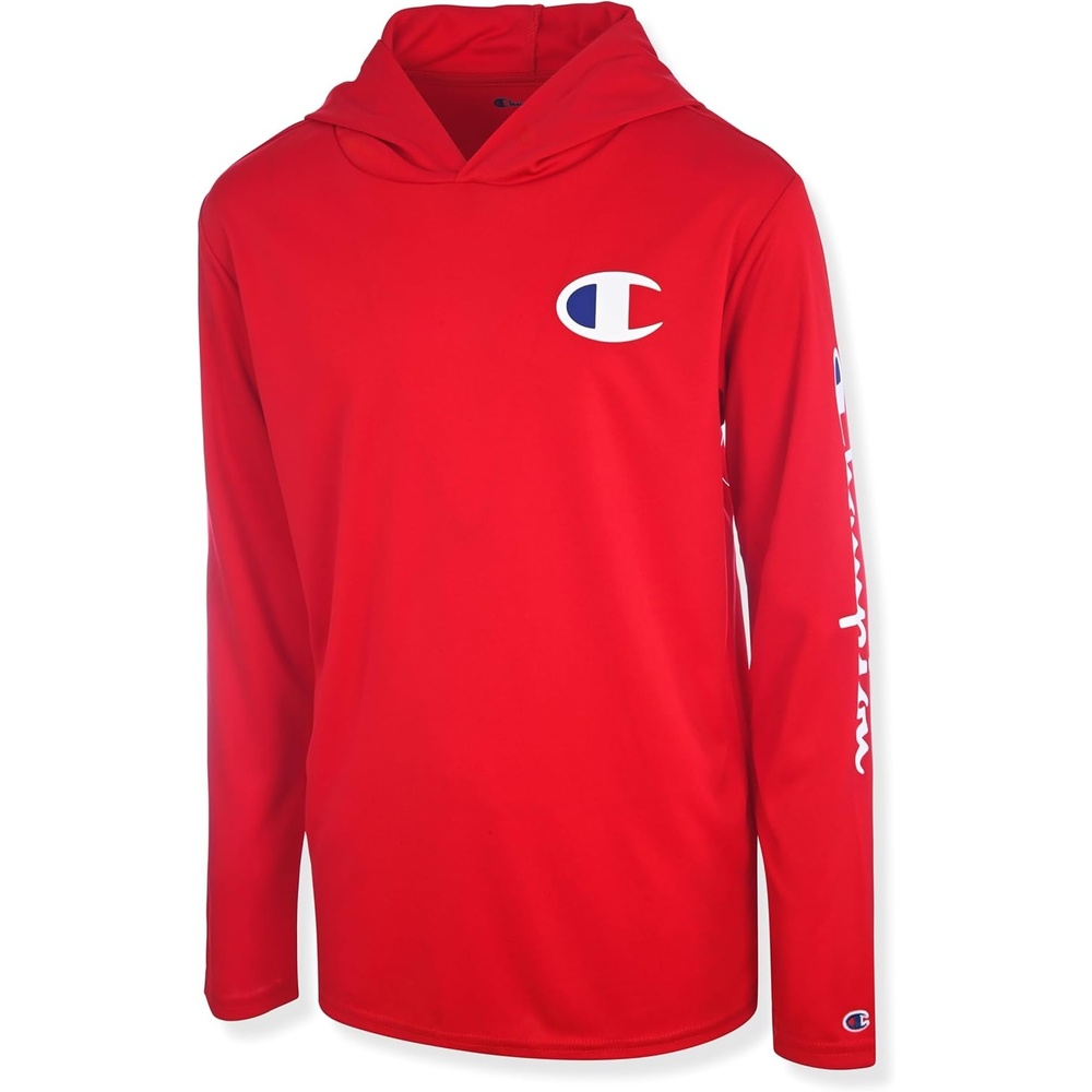 image:imageChampion Boys Long Sleeve Hooded Tee Shirt Lightweight Tech Fabric Athletic TShirt for KidsLychee Red