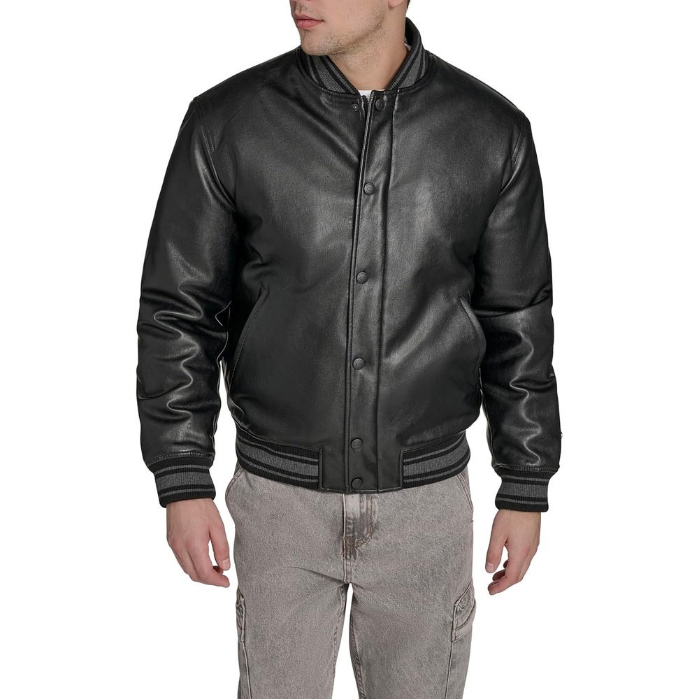image:imageChampion Mens Letterman Varsity Bomber Jacket With PatchesBlack Faux Leather