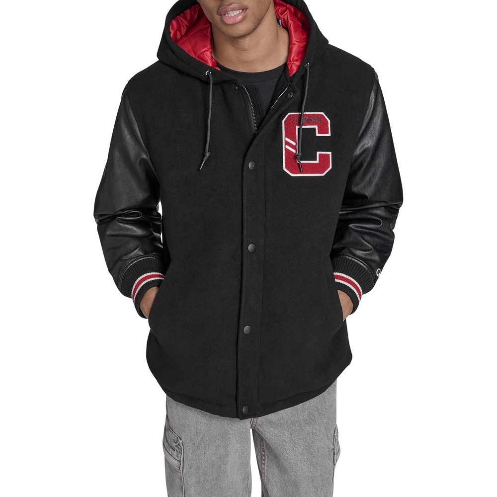 image:imageChampion Mens Letterman Varsity Bomber Jacket With PatchesBlackRed With Hood