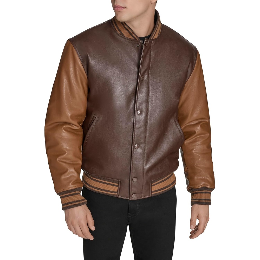 image:imageChampion Mens Letterman Varsity Bomber Jacket With PatchesBrown Faux Leather