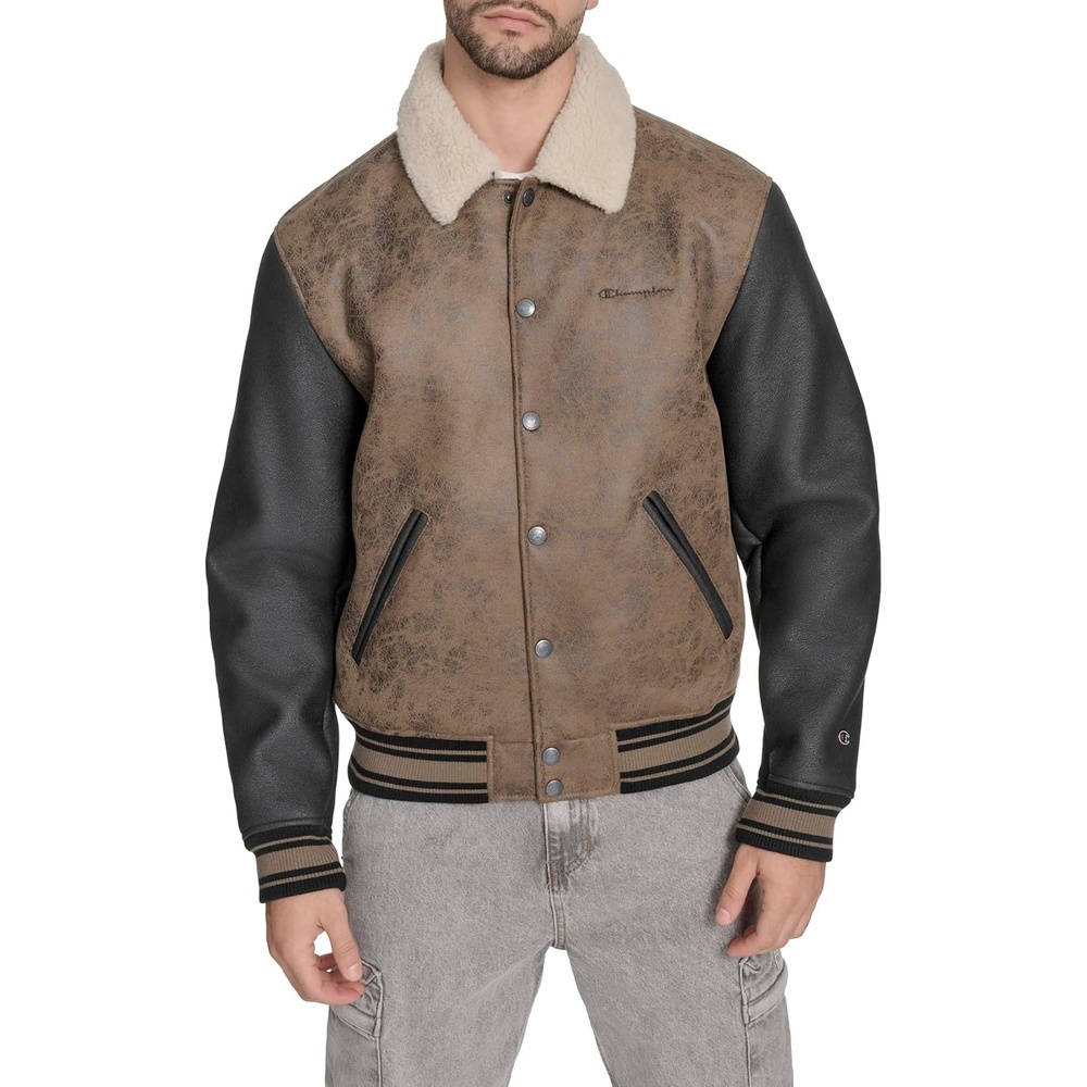 image:imageChampion Mens Letterman Varsity Bomber Jacket With PatchesBrown Faux Shearling