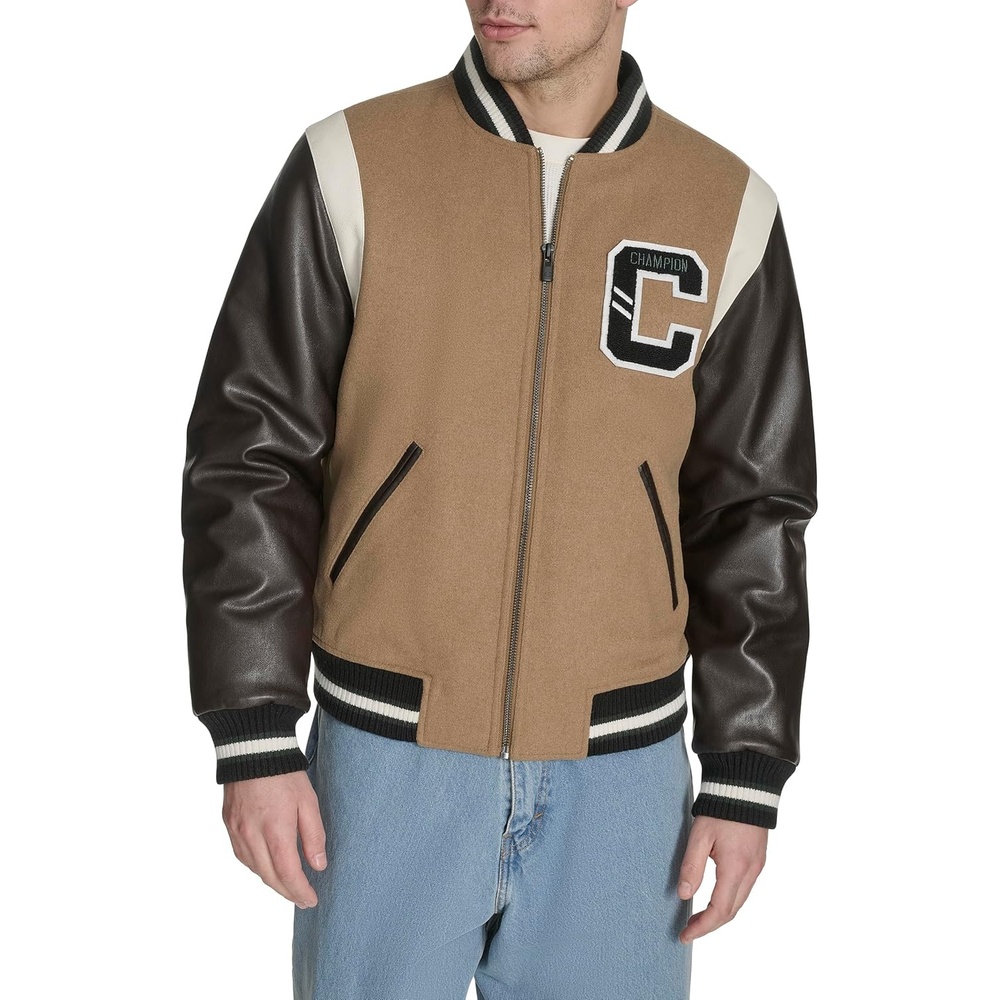 image:imageChampion Mens Letterman Varsity Bomber Jacket With PatchesCamelBrown