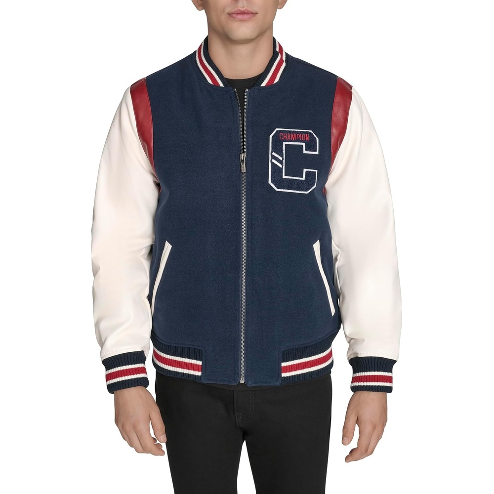 image:imageChampion Mens Letterman Varsity Bomber Jacket With PatchesNavyIvory