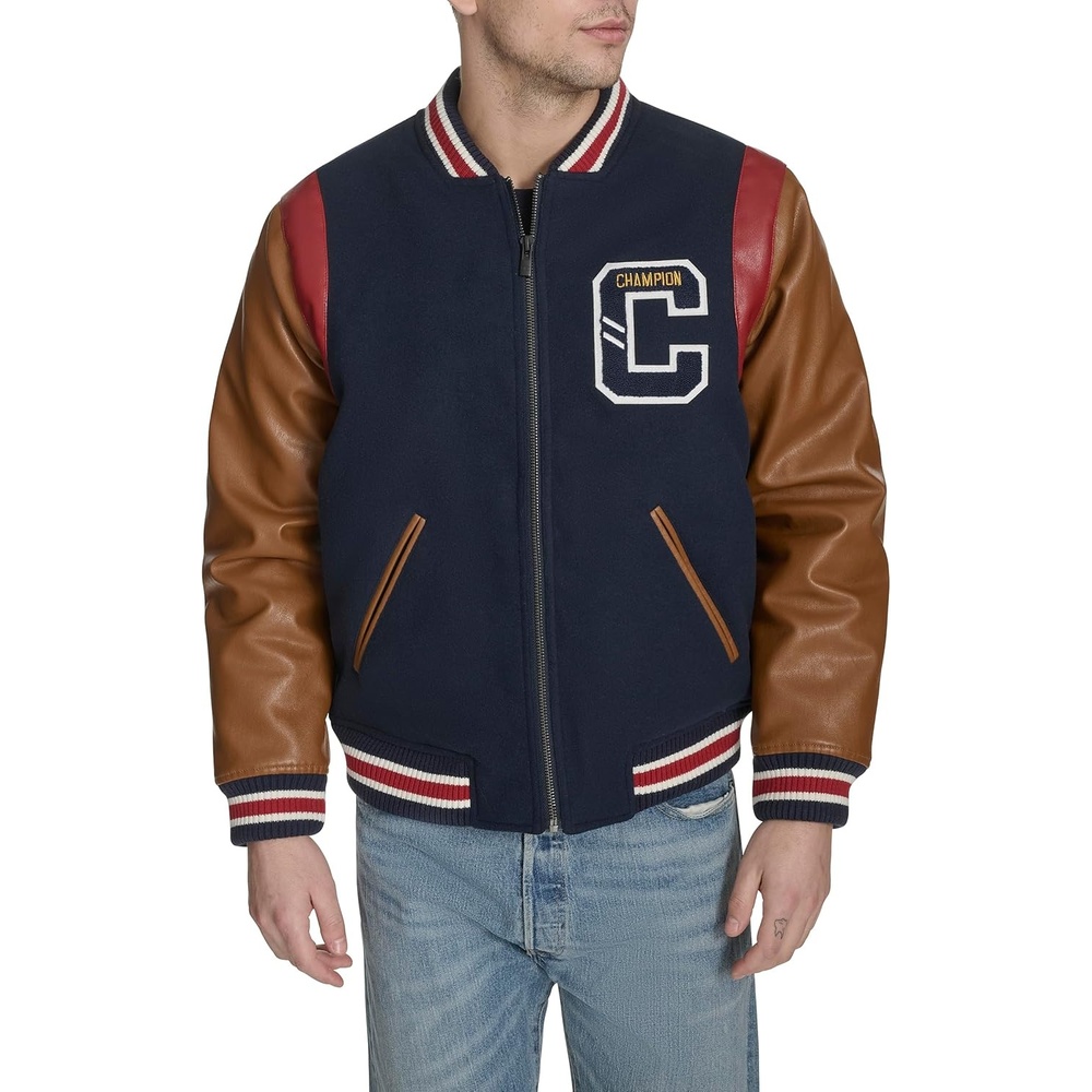 image:imageChampion Mens Letterman Varsity Bomber Jacket With PatchesNavyMustard
